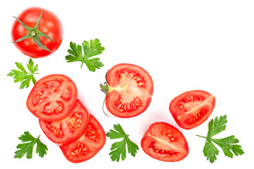 tomatoes with parsley leaves with copy space for your text isolated on white background. Top view. Flat lay