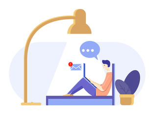 Surf the internet. freelance work concept. Man have online chat at home. Vector illustration design.