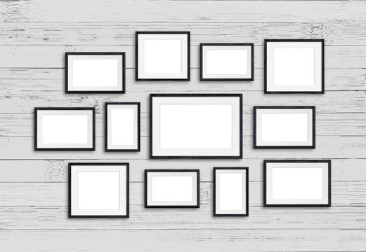 Black photo frames mock up, twelve units set collage on wooden wall, 3d illustration