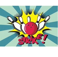 Bowling strike retro poster. Pop art bowling strike label. Vector illustration