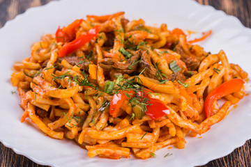 Close up of traditional asian noodle lagman