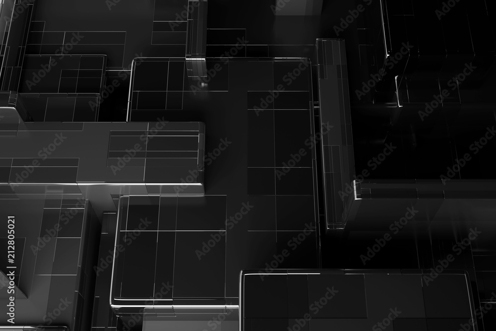 Poster 3d render abstract background. random scale of rectangular metallic shapes. simple primitives clonne