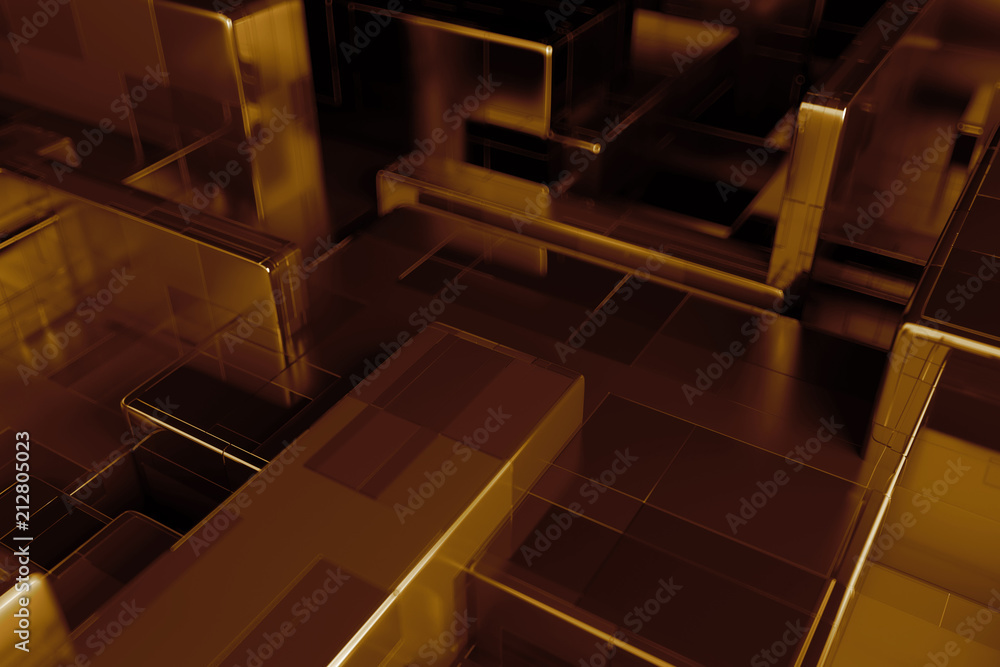 Poster 3d render abstract background. random scale of rectangular metallic shapes. simple primitives clonne