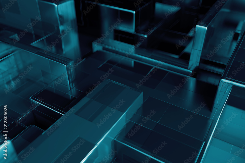 Poster 3d render abstract background. random scale of rectangular metallic shapes. simple primitives clonne