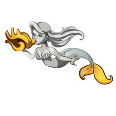 Marble sculpture of a mermaid with Golden flipper and seashell isolated on white background. Vector cartoon close-up illustration.