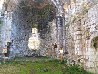 Inside the medieval temple. Mussera, Abkhazia