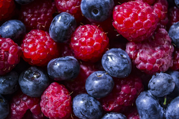 The mix of berries. Raspberries and blueberries background.