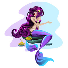 Sexy animated mermaid with purple hair sitting on a stone isolated on white background. Beautiful mythical women. Vector illustration.