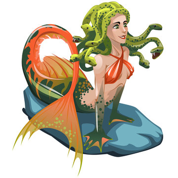 Mermaid with hair of snakes isolated on a white background. Vector cartoon close-up illustration.