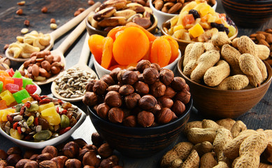 Composition with dried fruits and assorted nuts