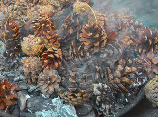  BBQ flame with cones is ready for grilling ,meat and cooking