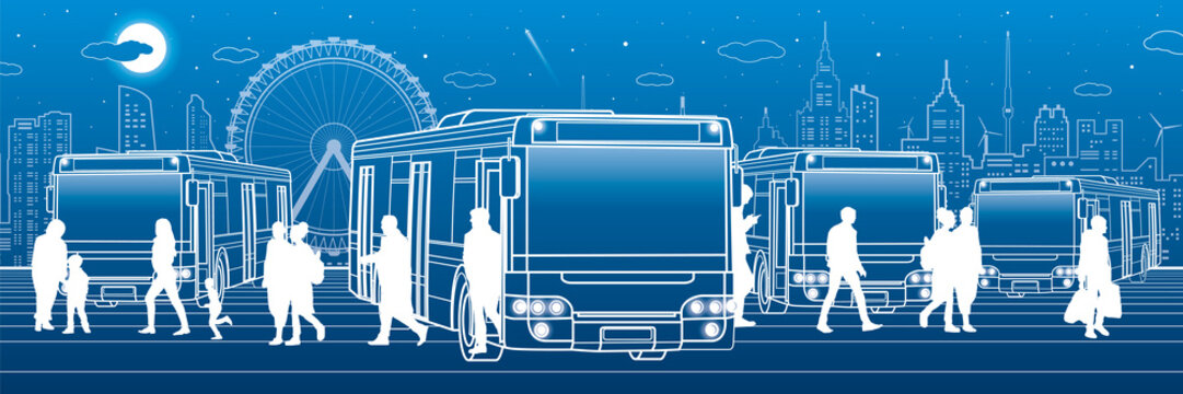Transportation panoramic set. Passengers enter and exit to the bus. People at the station. Town transport infrastructure. Night city at background, vector design art