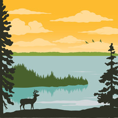 Vintage Nature Poster - Elk at Lake - 212807453