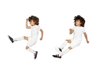 Professional football soccer player in action.Collage, set isolated on white