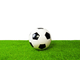 Soccer football ball on green grass field isolated on white background with clipping path.
