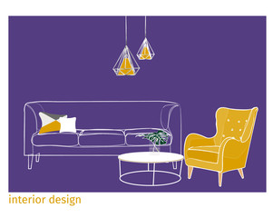 interior design vector illustration. furniture art drawing. trendy modern contemporary style. hand drawn. sketch. pink yellow armchair sofa. 