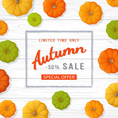 Autumn sale background. Banner flyer in a rectangular frame with colored pumpkins on a white wooden table. Special seasonal offer, discount.  Vector illustration. Top view