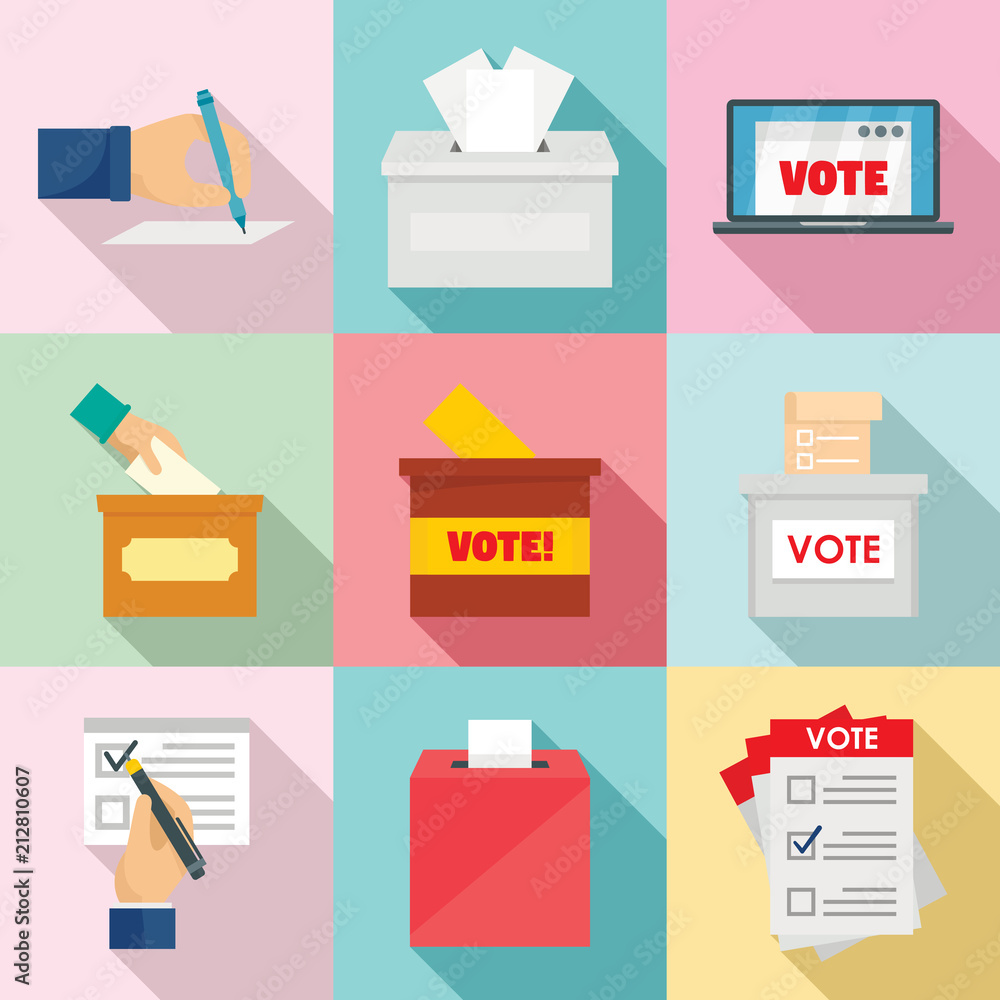 Aufkleber ballot voting box vote polling icons set. flat illustration of 9 ballot voting box vote polling vect