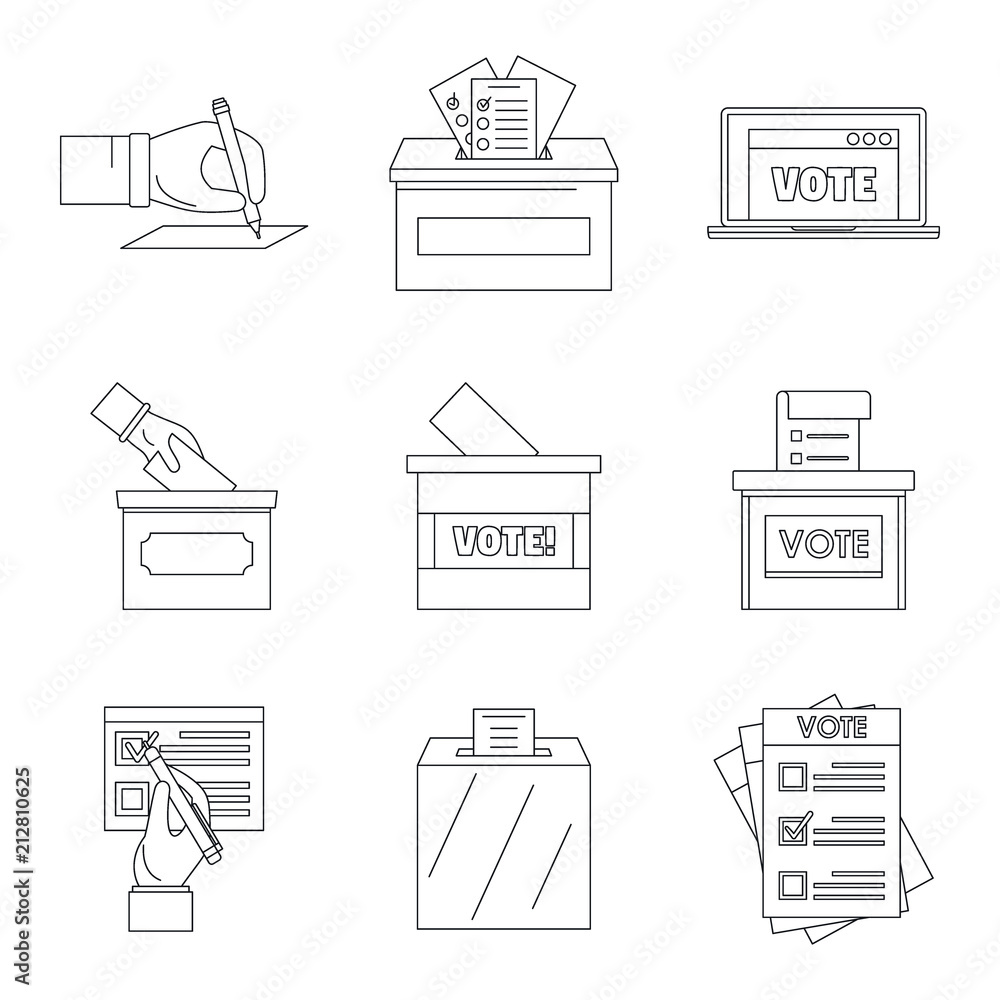Poster ballot voting box vote polling icons set. outline illustration of 9 ballot voting box vote polling v