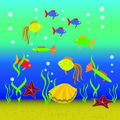 Naklejka na ściany i meble Abstract vector illustration of the underwater world with fish, shellfish and algae