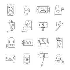 Selfie video photo people posing icons set. Outline illustration of 16 selfie video photo people posing vector icons for web
