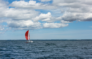 Fototapeta premium Sailing boat in the sea. Red sails