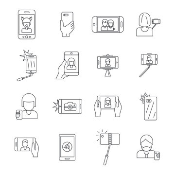 Selfie video photo people posing icons set. Outline illustration of 16 selfie video photo people posing vector icons for web