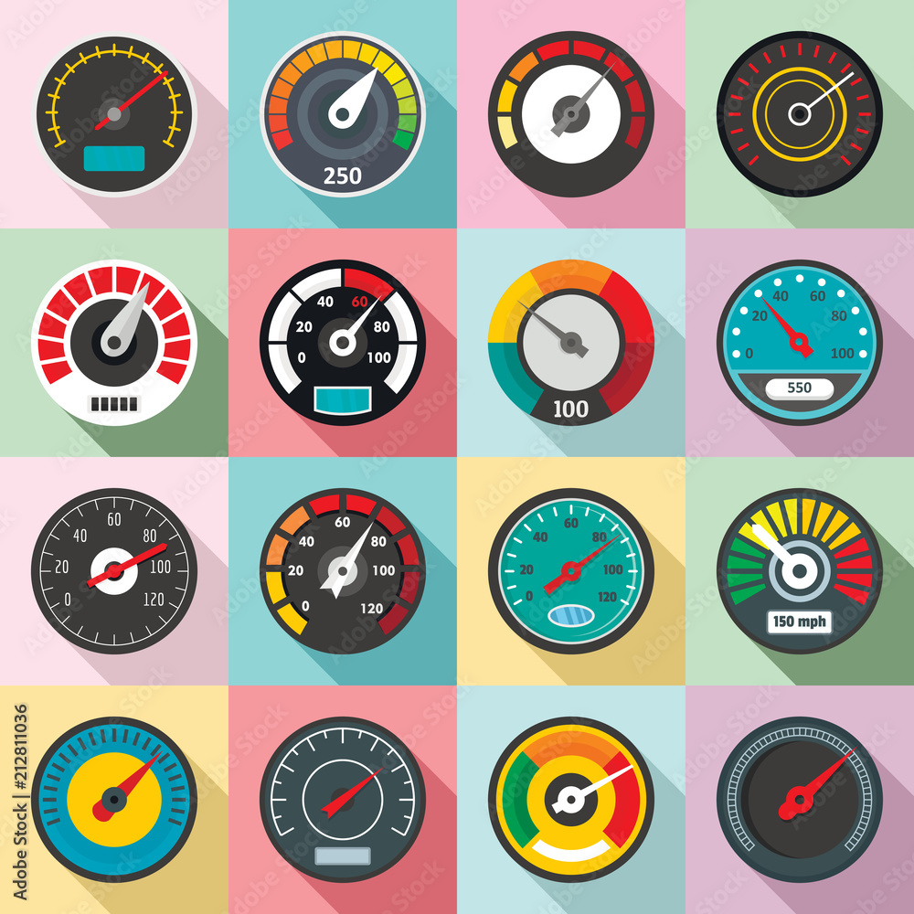 Poster speedometer level indicator icons set. flat illustration of 16 speedometer level indicator vector ic