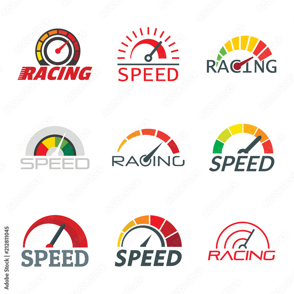 Poster speedometer level indicator logo set. flat illustration of 9 speedometer level indicator vector logo