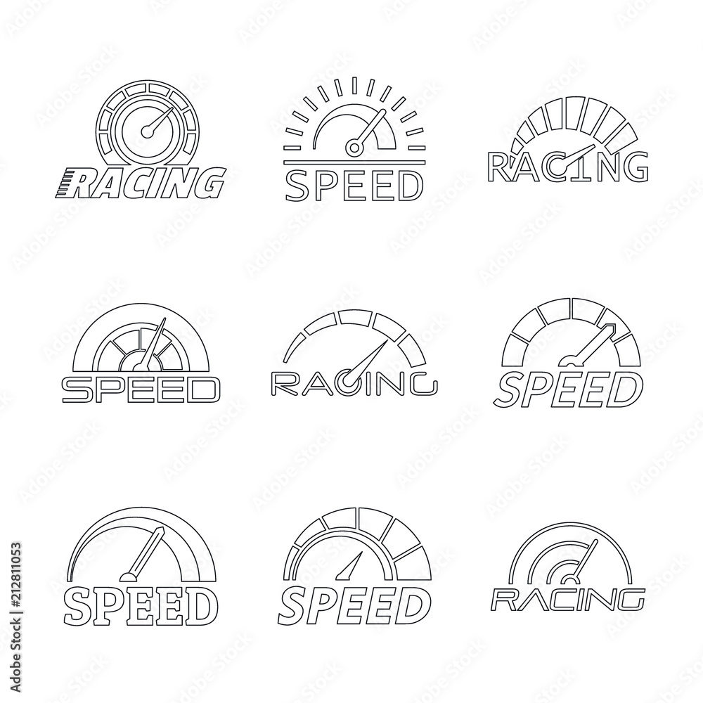 Poster speedometer level indicator logo set. outline illustration of 9 speedometer level indicator vector l