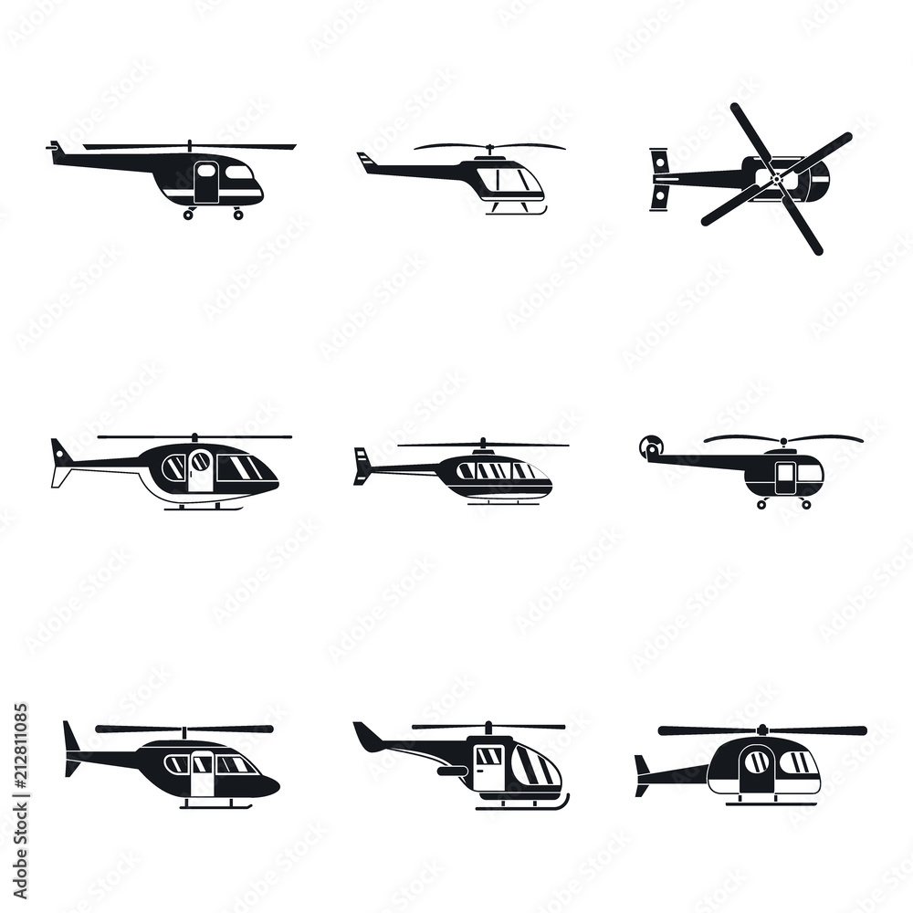 Sticker Helicopter military aircraft chopper icons set. Simple illustration of 9 helicopter military aircraft chopper vector icons for web