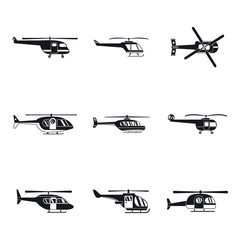 Helicopter military aircraft chopper icons set. Simple illustration of 9 helicopter military aircraft chopper vector icons for web