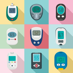 Glucose meter sugar blood test device icons set. Flat illustration of 9 glucose meter sugar blood test device vector icons for web