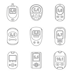 Glucose meter sugar blood test device icons set. Outline illustration of 9 glucose meter sugar blood test device vector icons for web