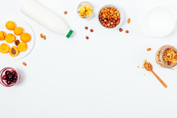 Flat lay frame of healthy breakfast ingredients