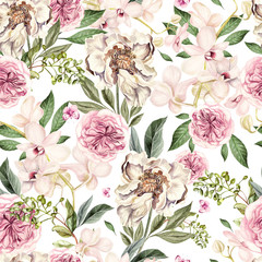 Watercolor pattern with peony flowers and orchids.  - obrazy, fototapety, plakaty