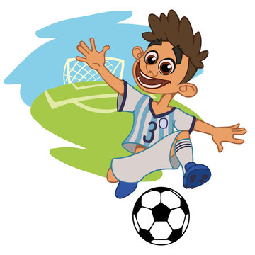 A cartoon soccer player is playing ball in a stadium in uniform Argentina . Vector illustration