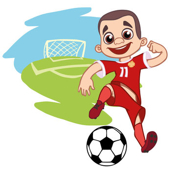 A cartoon soccer player is playing ball in a stadium in uniform Russia. Vector illustration