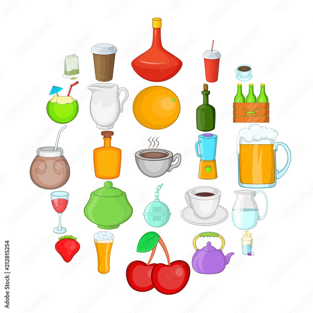 Poster boozing icons set. cartoon set of 25 boozing vector icons for web isolated on white background