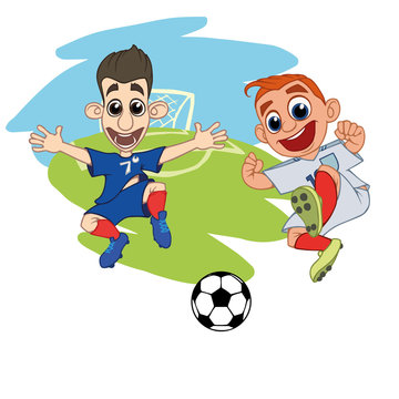 Cartoons Soccer players play the ball at the stadium. Vector illustration