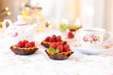 Mini tarts with raspberries fruits