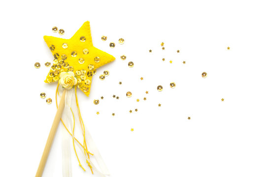 Fairy Magic Wand With Golden Sequins, Ribbons, Star, Rose Isolated On White Background