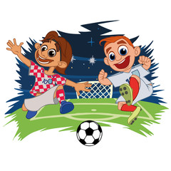 Cartoons Soccer players play the ball at the stadium. Vector illustration