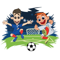 Cartoons Soccer players play the ball at the stadium. Vector illustration