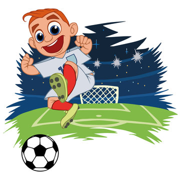 A cartoon soccer player is playing ball in a stadium in uniform England. Vector illustration