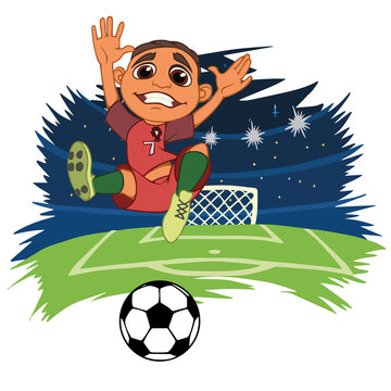 A cartoon soccer player is playing ball in a stadium in uniform Portugal. Vector illustration