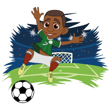 A cartoon soccer player is playing ball in a stadium in uniform Mexico. Vector illustration