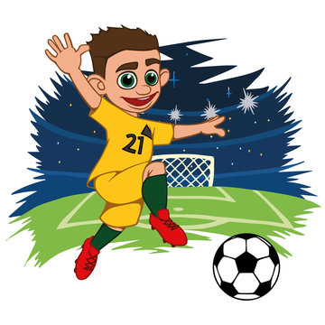 A cartoon soccer player is playing ball in a stadium in uniform Australia. Vector illustration