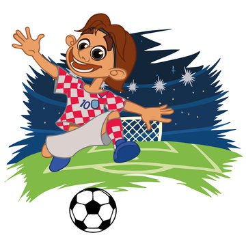 A cartoon soccer player is playing ball in a stadium in uniform Croatia. Vector illustration