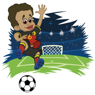 A cartoon soccer player is playing ball in a stadium in uniform Belgium. Vector illustration